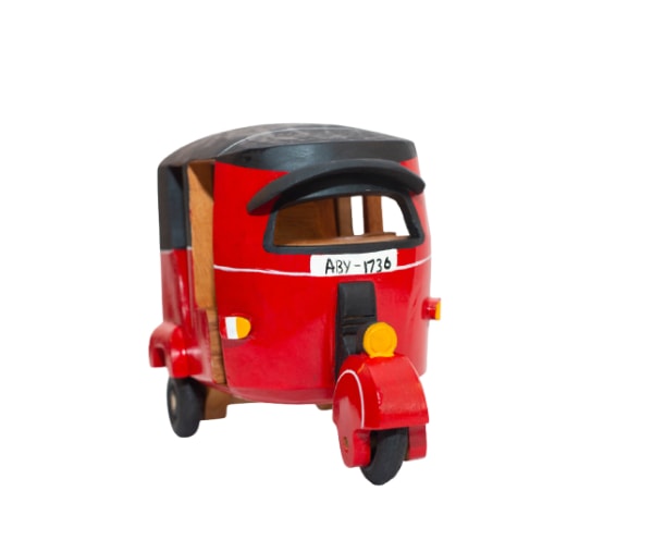 Sri Lankan Handmade Wooden Tuk Tuk - Wooden - Front View Red